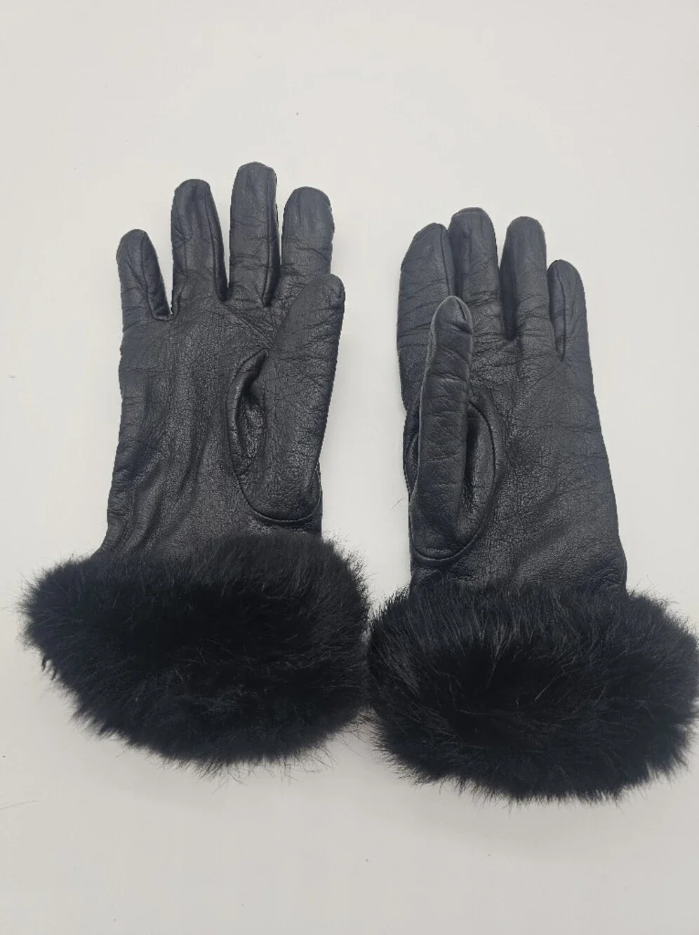 Black Faux Fur Cuff Faux Leather Gloves Sz S